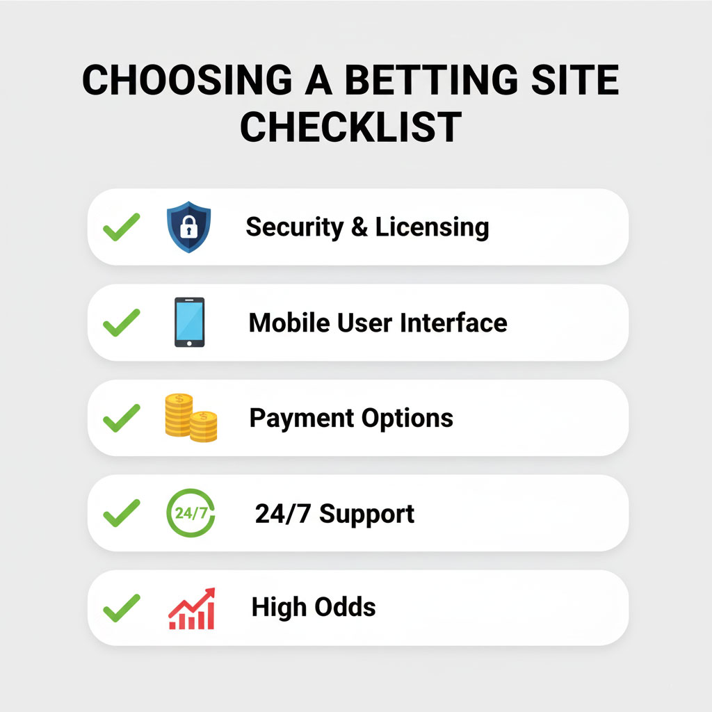A checklist infographic titled "Choosing the Right Betting Site." It lists five key criteria, each with an icon: a lock for Security & License, a smartphone for Mobile UI, coins for Payment Options, a clock for 24/7 Support, and a graph for High Odds.