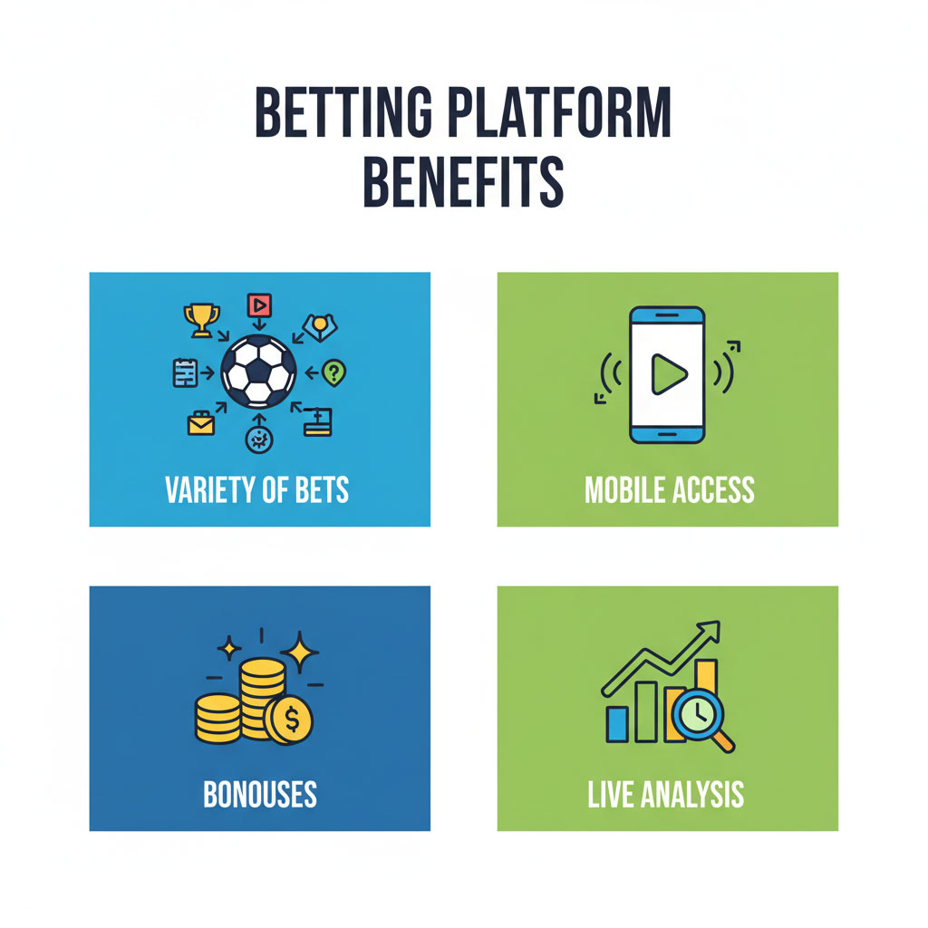 Infographic displaying four key benefits of a betting platform: Variety of Bets (football icon with options), Mobile Access (smartphone icon), Bonuses (gold coin icon), and Live Analysis (statistical chart icon).