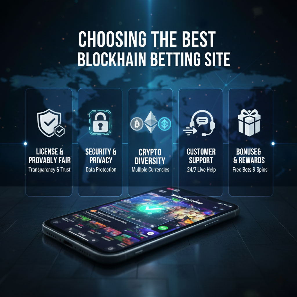 An infographic titled "How to Choose the Best Blockchain Betting Site" displaying seven key criteria with icons: License & Provably Fair (certificate), Privacy & Anonymity (shield), Crypto Variety (coins), Customer Support (headset), Transaction Speed & Fees (clock), Bonuses & Rewards (gift), and Mobile User Experience (smartphone).