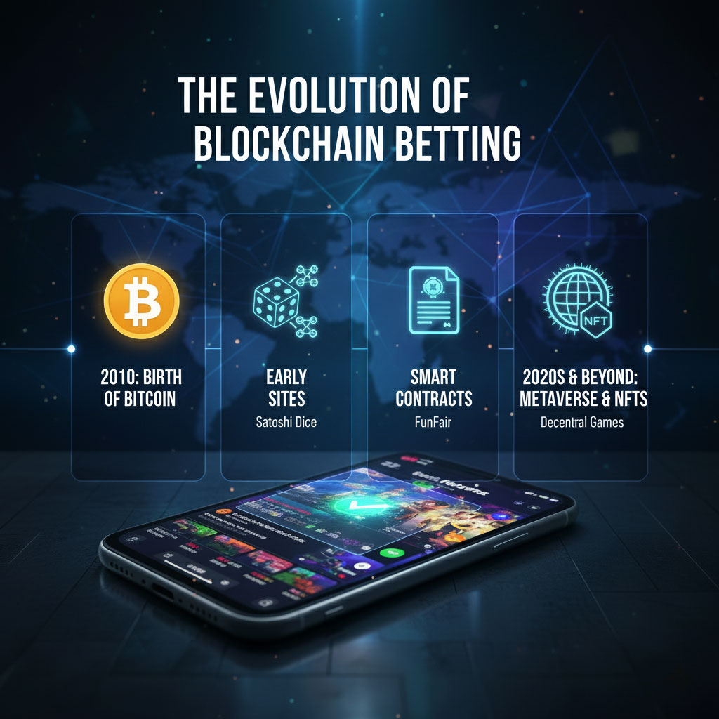 Infographic timeline showing the evolution of blockchain betting: 2010 (Bitcoin icon), 2014 (Satoshi Dice with dice/blockchain icon), 2017 (FunFair with smart contract icon), 2020s & Beyond (Metaverse/NFT icon).